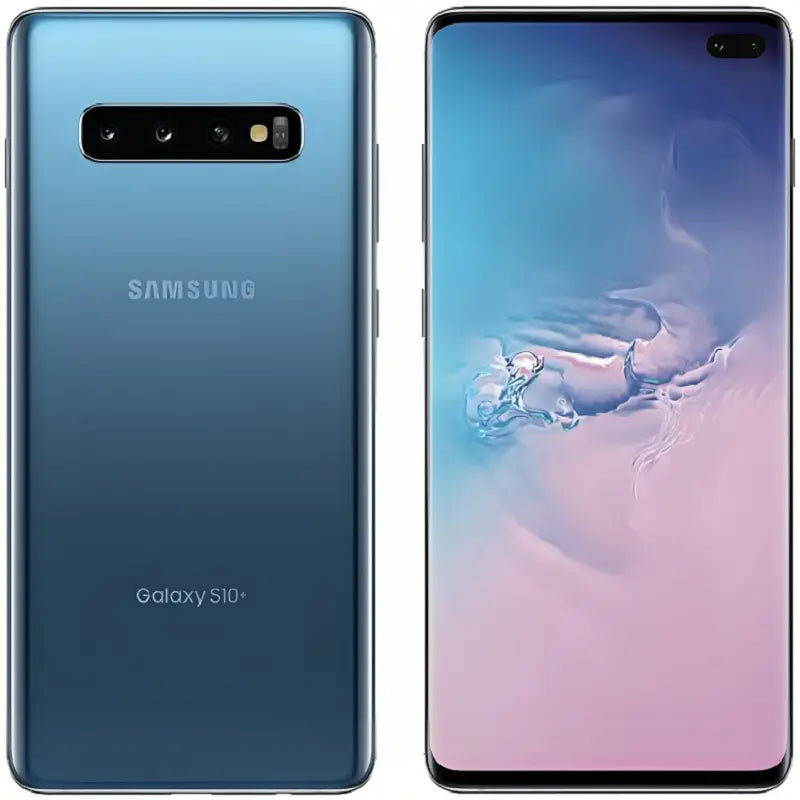 Samsung Galaxy S10 Plus in Prism Blue, highlighting its front display and back with triple-camera system, in a glossy blue finish