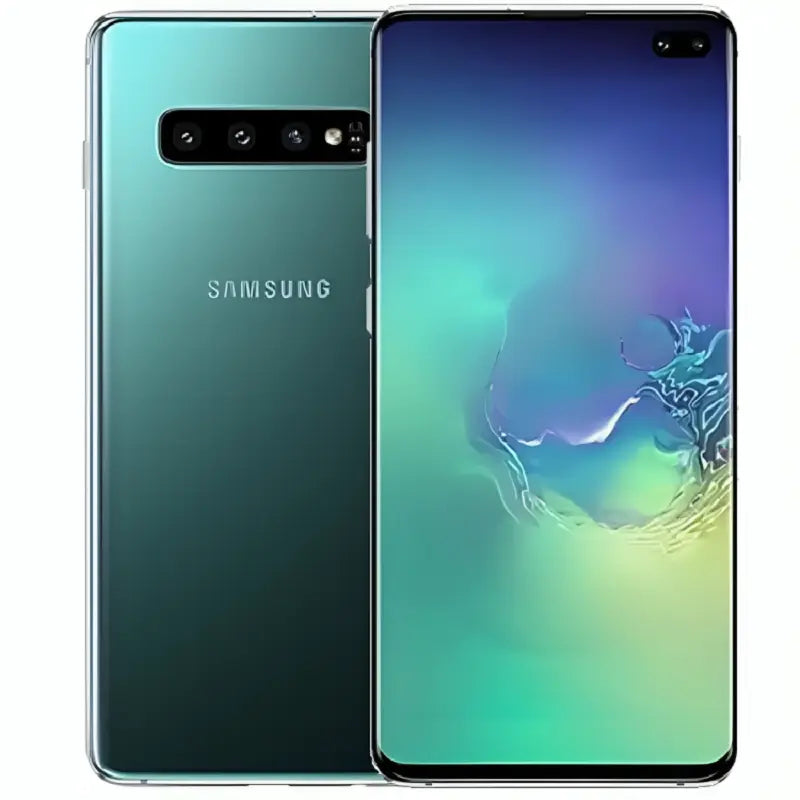 Samsung Galaxy S10 Plus in Prism Green, showcasing the front display and back with triple cameras, featuring a vibrant green finish