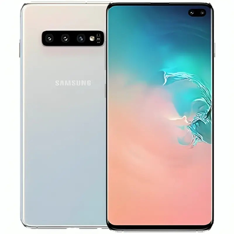 Samsung Galaxy S10 Plus in Prism White, displaying its front screen and back with triple-camera setup, in a glossy white finish