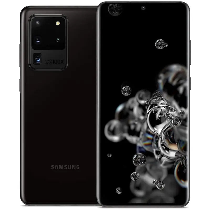 Samsung Galaxy S20 Ultra in Cosmic Black, presenting the expansive display on the front and the back with its advanced quad-camera system