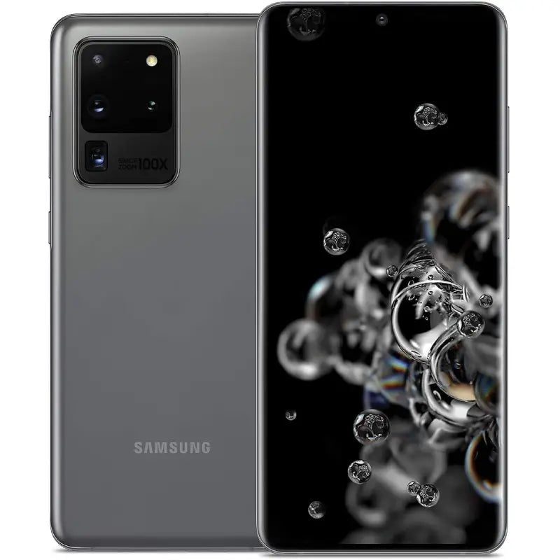 Samsung Galaxy S20 Ultra in Cosmic Gray, presenting the expansive display on the front and the back with its advanced quad-camera system