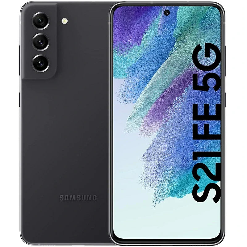 Samsung Galaxy S21 FE in Graphite, presenting the front AMOLED display with minimal borders and the back showcasing its triple-camera configuration
