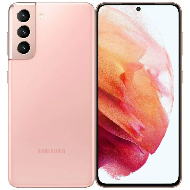 Samsung Galaxy S21 Plus in Phantom Pink, highlighting the large front display with thin bezels and the back view with a prominent triple-camera arrangement