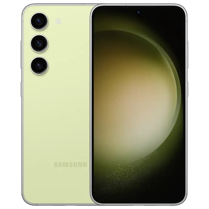 Samsung Galaxy S23 in lime color, displaying the front screen with minimal bezels and the back view featuring a triple-camera setup