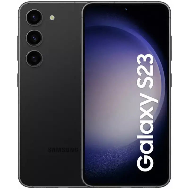 Samsung Galaxy S23 in phantom black color, displaying the front screen with minimal bezels and the back view featuring a triple-camera setup