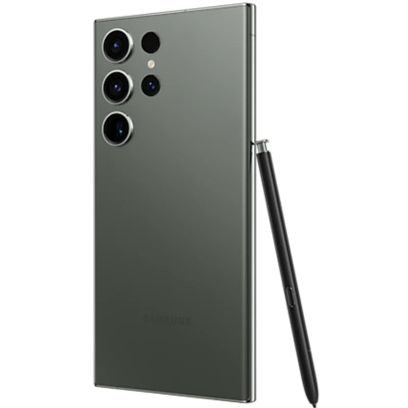 Samsung Galaxy S23 Ultra in green color, showing the back view with quad cameras, and standing upright with the matching S-Pen