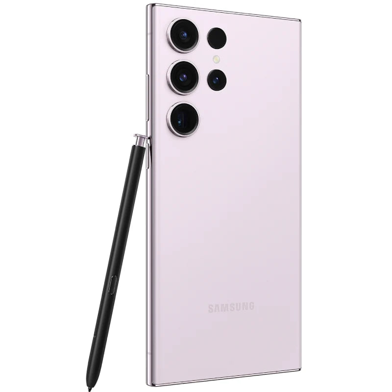 Samsung Galaxy S23 Ultra in Lavender color, showing the back view with quad cameras, and standing upright with the matching S-Pen