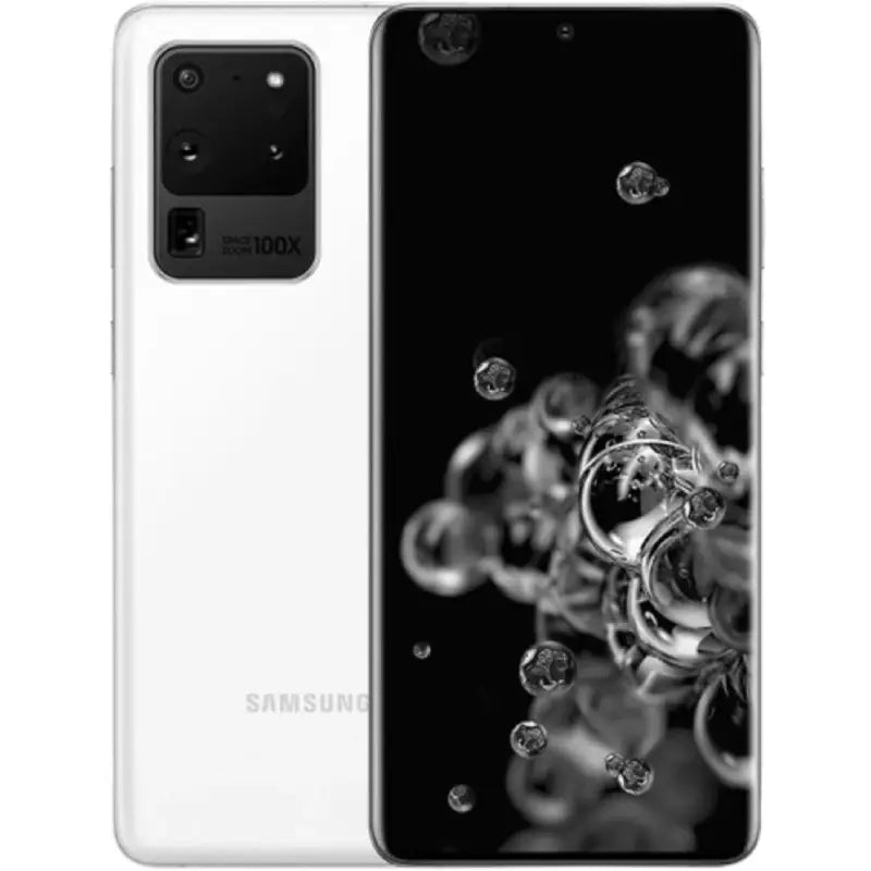Samsung Galaxy S20 Ultra in Cosmic White, presenting the expansive display on the front and the back with its advanced quad-camera system