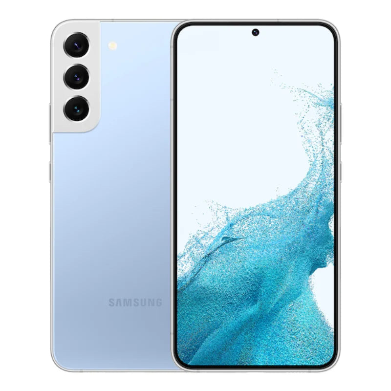 Samsung Galaxy S22 Plus in sky blue color, showcasing the front AMOLED display with minimal bezels and the back view featuring a vertically aligned triple-camera setup