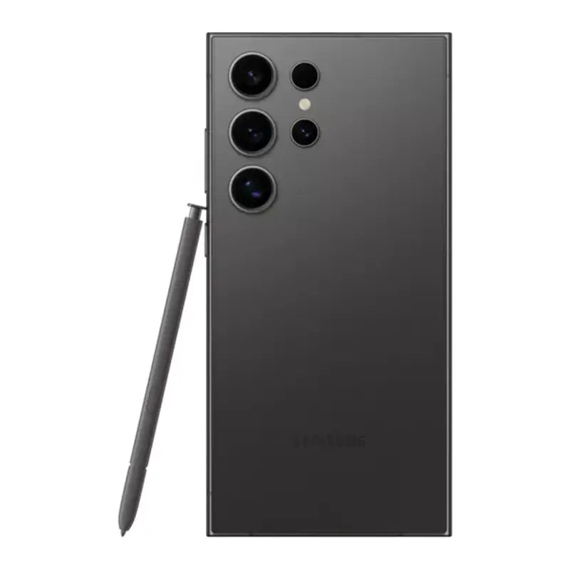 Samsung Galaxy S24 Ultra in Titanium Black, featuring a standing S Pen and back side with a quad camera setup