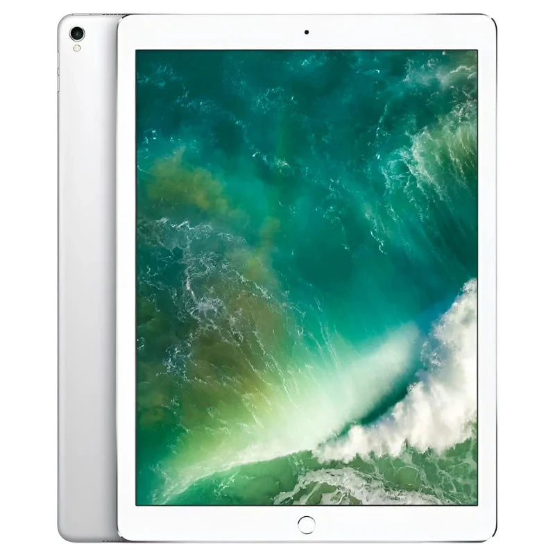 Apple iPad Pro 2nd Gen 12.9-inch cellular model in silver color showcasing its vibrant display, sleek back design, and single camera