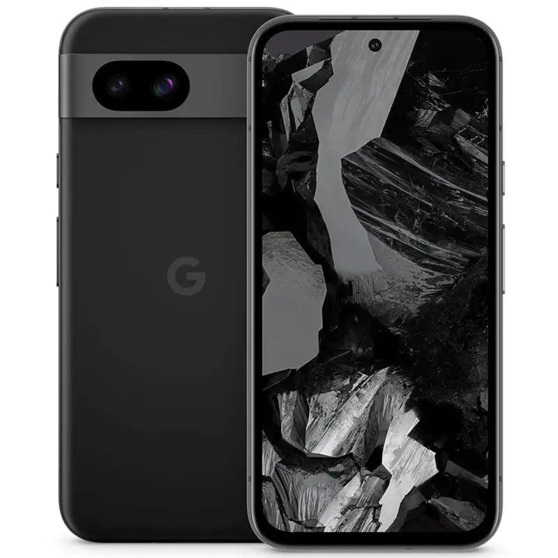 Google Pixel 8a in obsidian color, displaying the back view with dual rear cameras and front screen, highlighting its sleek design and modern features