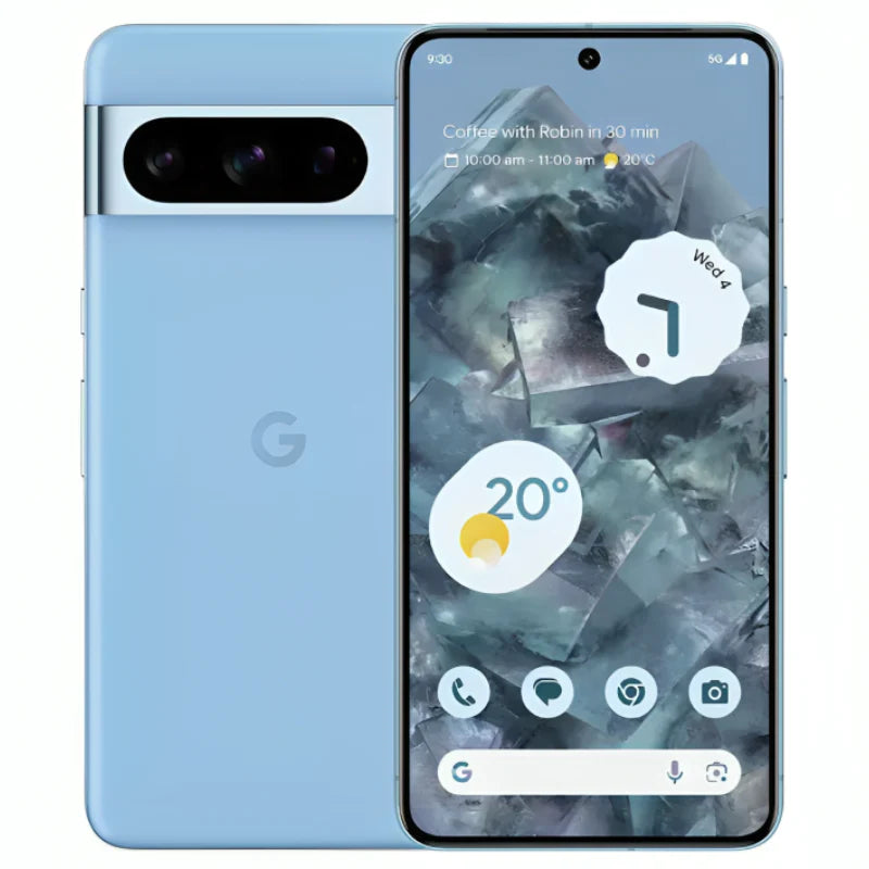 Google Pixel 8 Pro in bay color, featuring a back view with triple rear cameras and a front screen, showcasing its sleek design and cutting-edge technology