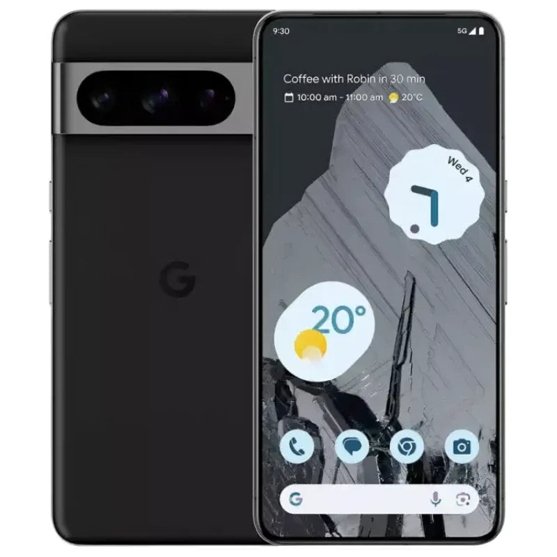 Google Pixel 8 Pro in obsidian color, featuring a back view with triple rear cameras and a front screen, showcasing its premium design and advanced technology