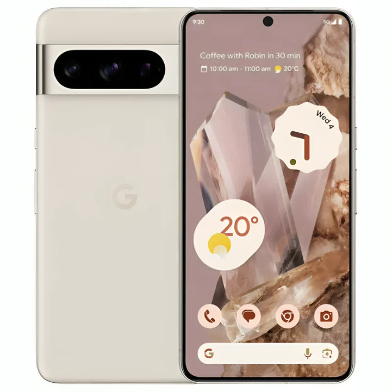 Google Pixel 8 Pro in porcelain color, featuring a back view with triple rear cameras and a front screen, highlighting its elegant design and advanced features