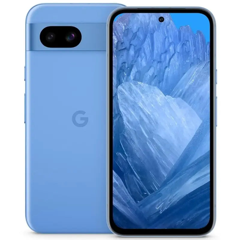 Google Pixel 8a in bay color, displaying the back view with dual rear cameras and front screen, showcasing its stylish design and modern capabilities