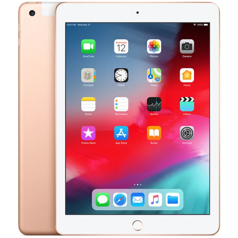 Apple iPad 6 Cellular in Gold, displaying the front screen and elegant gold back with a rear camera