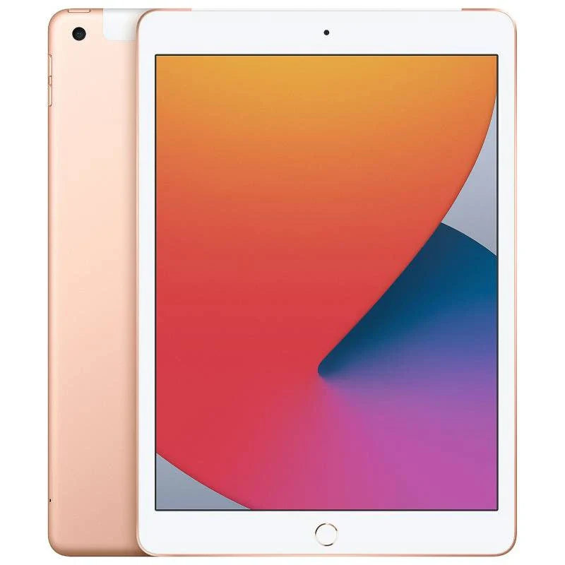 Apple iPad 8 Cellular in Gold, displaying the front screen and elegant gold back with a rear camera