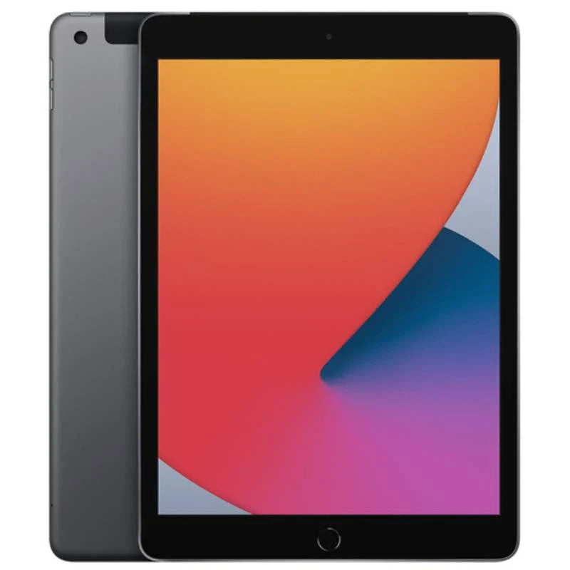 Apple iPad 8 Cellular in Space Gray, featuring a large front display and the dark gray back with a rear camera in the top corner