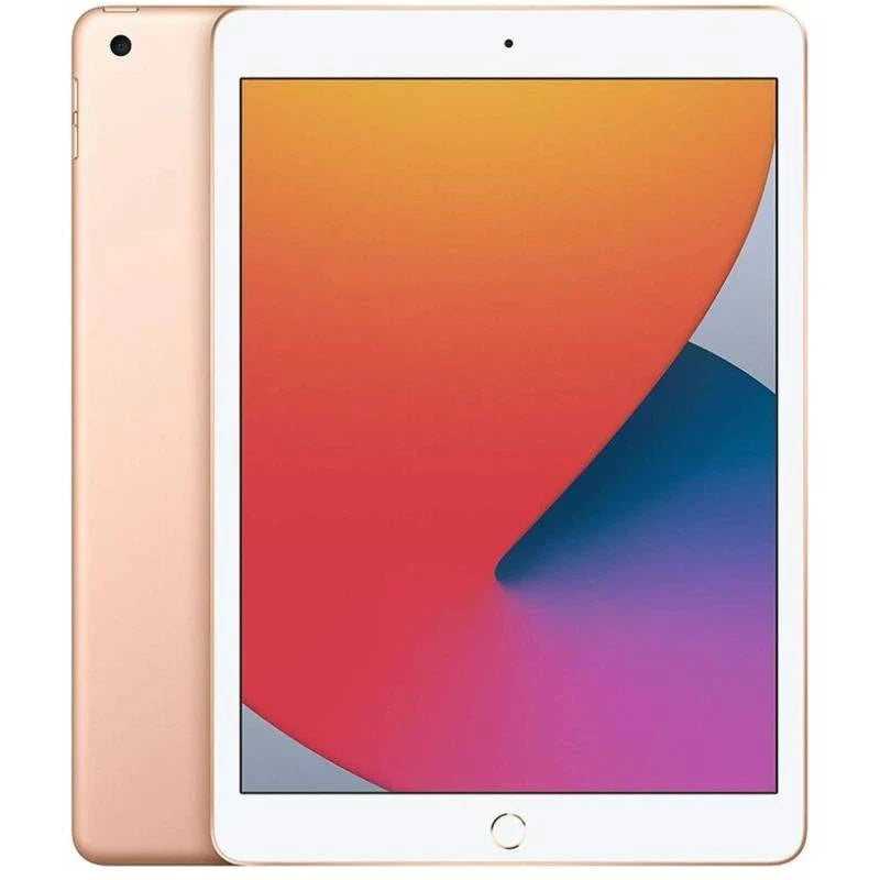 Apple iPad 8th Wi-Fi in Gold, displaying the front screen and elegant gold back with a rear camera