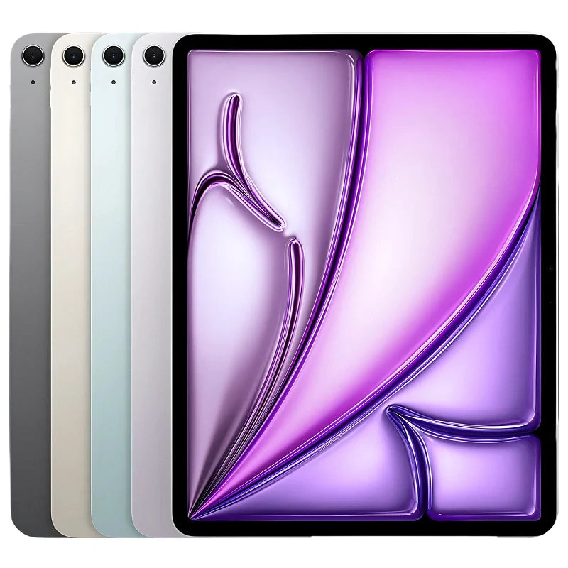 Apple iPad Air 13-inch M2 in all color wifi, highlighting the front display and rich purple back with a rear camera
