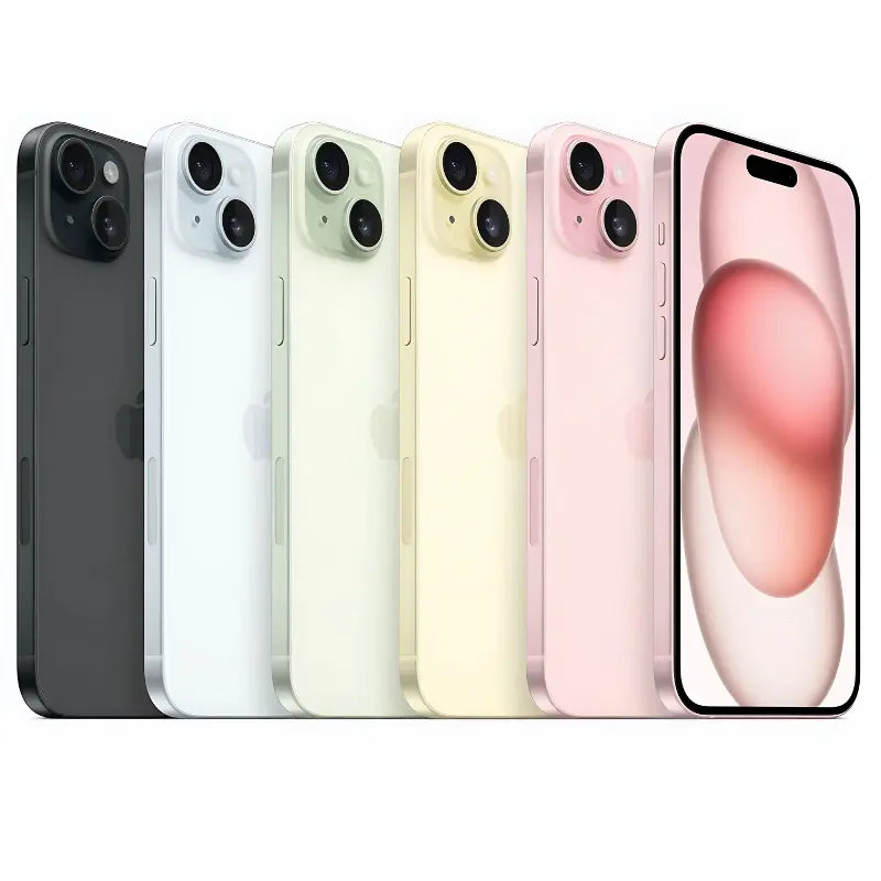 Apple iPhone 15 in all available colors — black, blue, yellow, green, and pink — showcasing the side view with a sleek aluminum frame, along with the front display featuring the Dynamic Island and the back view with a dual-camera setup arranged diagonally, each with a smooth matte finish corresponding to the color