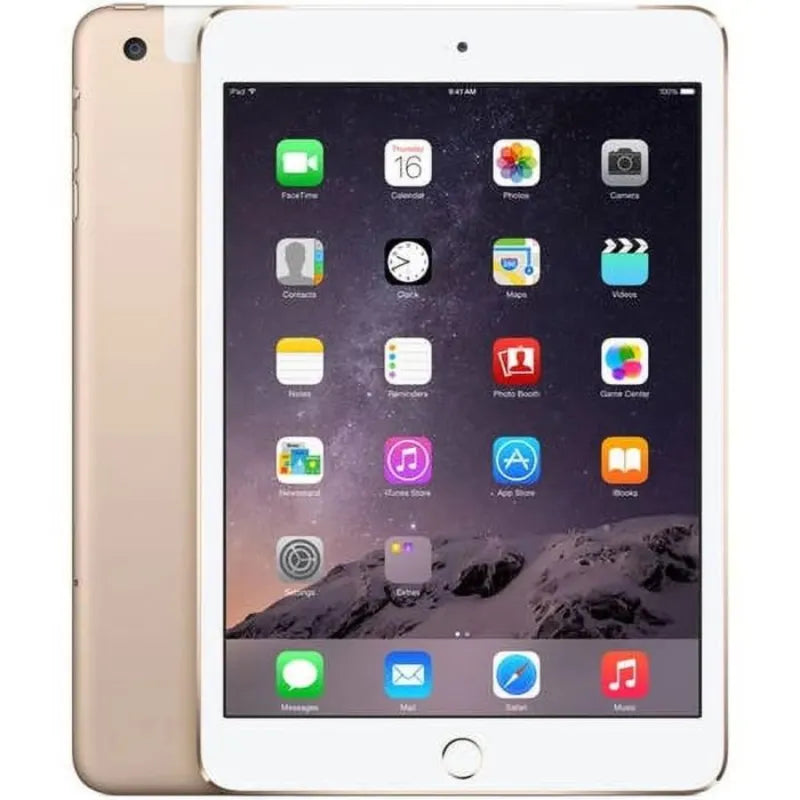 Gold iPad mini 3 displaying its colorful screen, with a shiny gold back and a rear camera