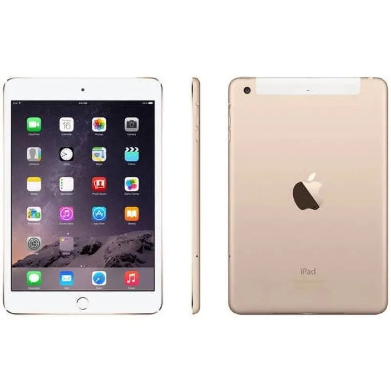 Gold iPad mini 3 displaying its colorful screen, with a shiny gold back and a rear camera