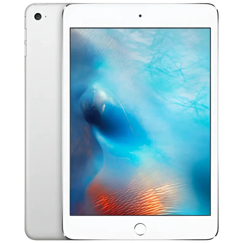Apple iPad Mini 4 Cellular in Silver, featuring the bright front display and smooth silver back with a rear camera