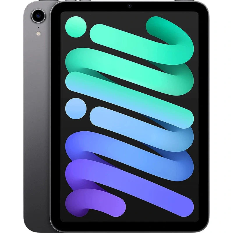 Space Gray iPad mini 6 cellular model featuring a vivid display on the front and a sleek dark gray back with a rear camera