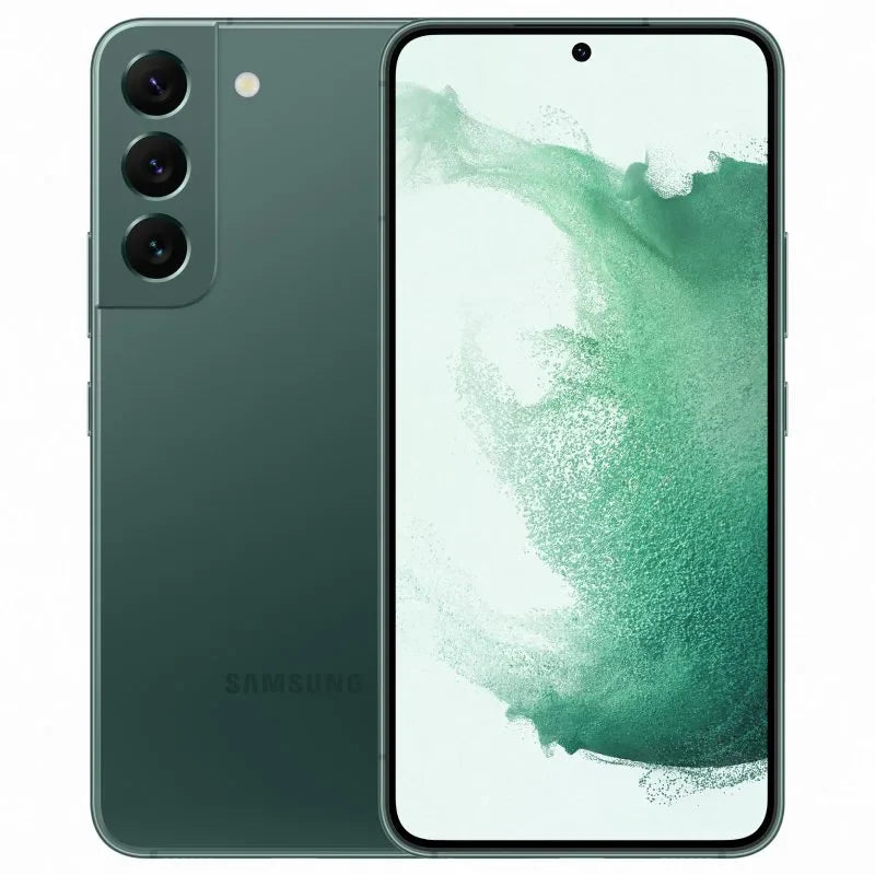 Samsung Galaxy S22 in green color, showcasing the front AMOLED display with minimal bezels and the back view featuring a vertically aligned triple-camera setup