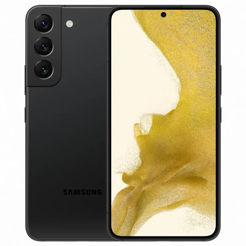 Samsung Galaxy S22 Plus in phantom black color, showcasing the front AMOLED display with minimal bezels and the back view featuring a vertically aligned triple-camera setup