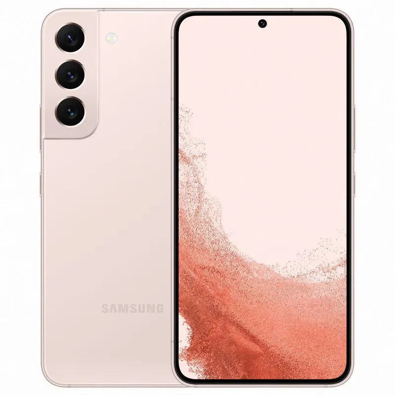 Samsung Galaxy S22 Plus in pink color, showcasing the front AMOLED display with minimal bezels and the back view featuring a vertically aligned triple-camera setup
