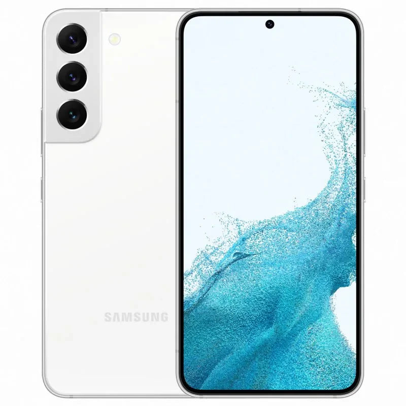Samsung Galaxy S22 Plus in white color, showcasing the front AMOLED display with minimal bezels and the back view featuring a vertically aligned triple-camera setup